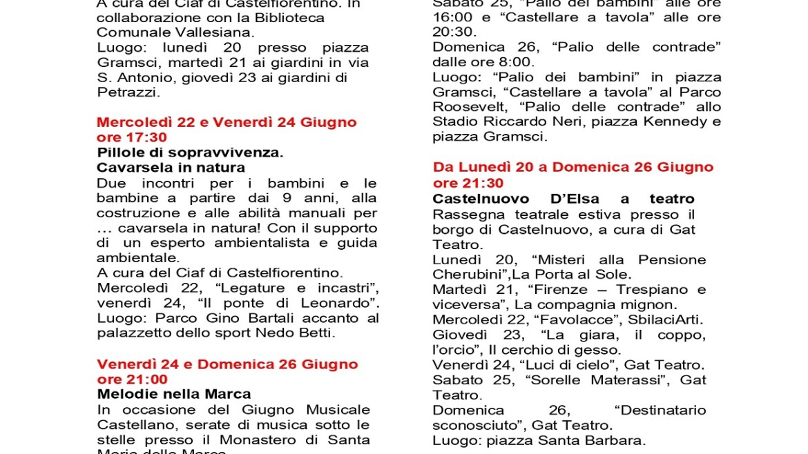 Tutte le iniziative dell a Settimana Da Lunedì 20 a Domenica 26 Giugno