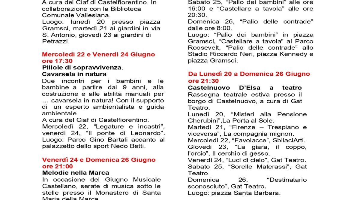 Tutte le iniziative dell a Settimana Da Lunedì 20 a Domenica 26 Giugno